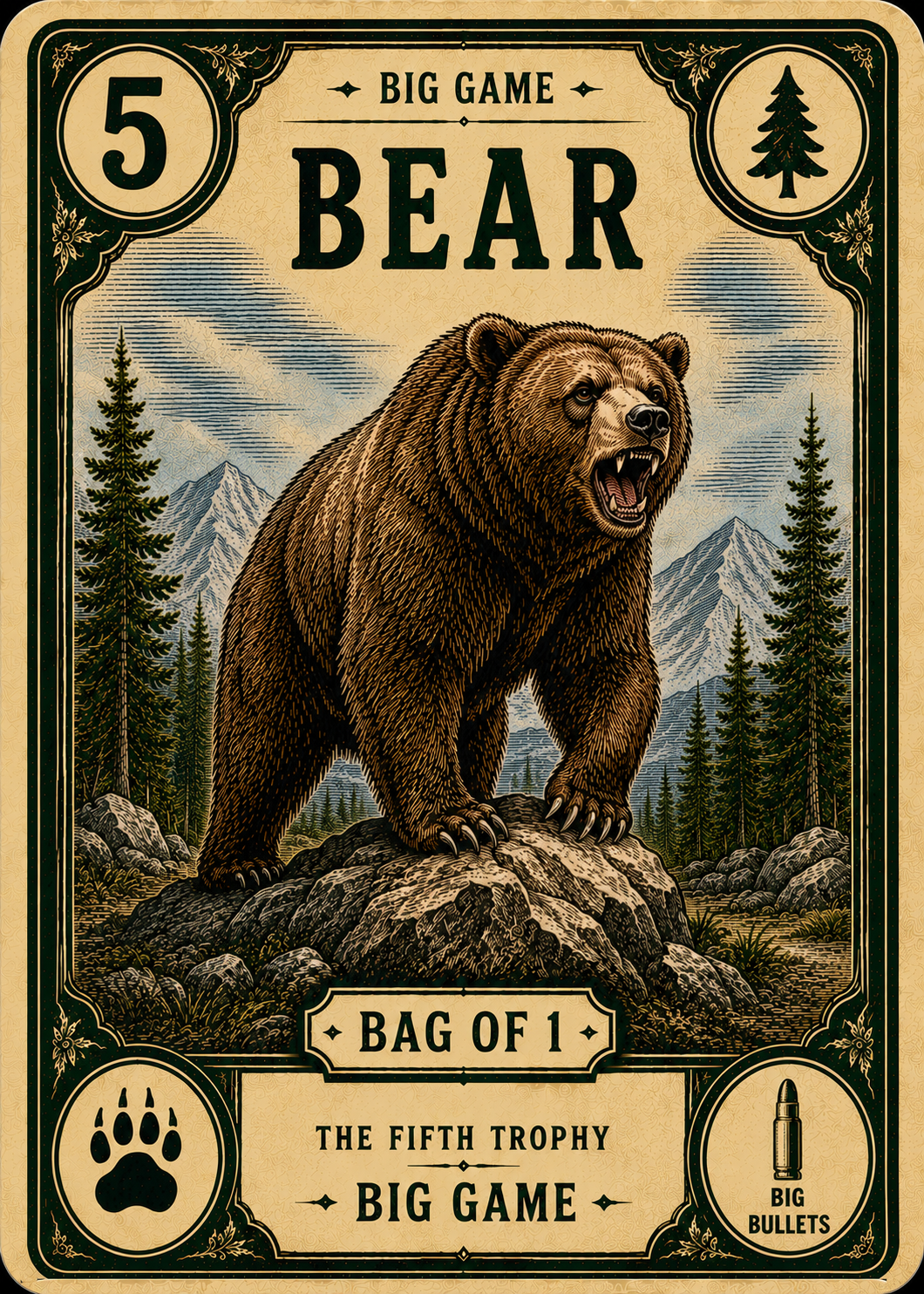 Bear trophy card, frontier engraving artwork