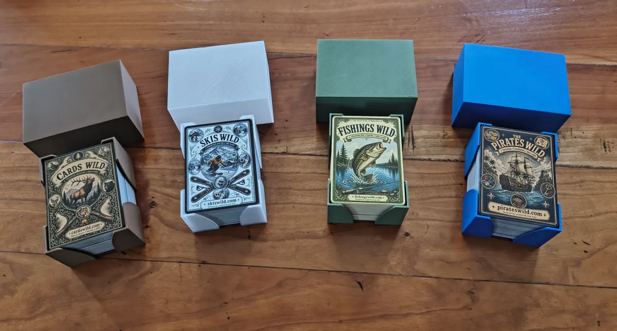 The four decks, Cardswild, Skis Wild, Fishings Wild and Pirates Wild, each in its own holder