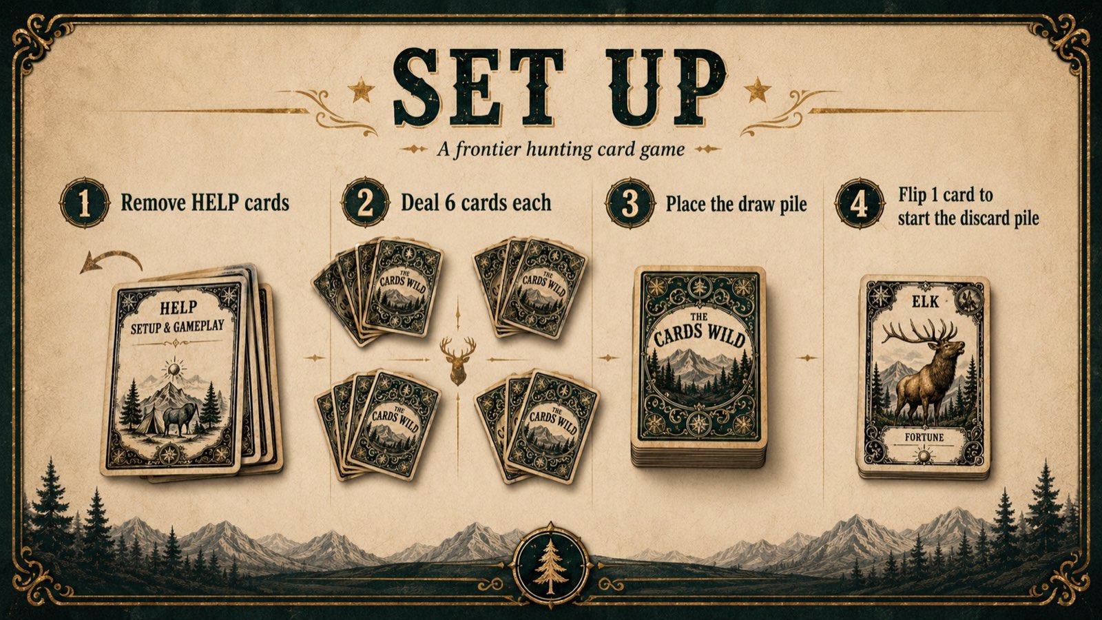 Set Up: remove Help cards, deal 6 cards each, place the draw pile, flip 1 card to start the discard pile