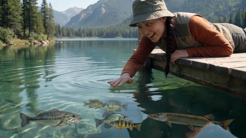 A player on a dock reaching toward bass, bluegill, perch and a muskie in a clear mountain lake