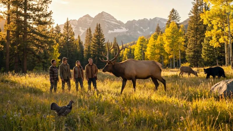 An elk, a black bear and a grouse in a mountain meadow, with four players watching