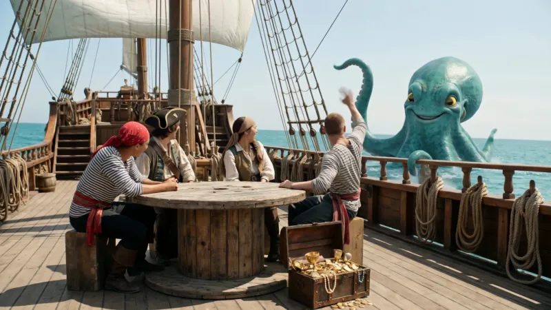 Four pirates at a table on a ship deck while a friendly kraken waves from the sea