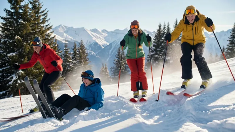 Four friends skiing down a sunny slope, one of them laughing in the snow
